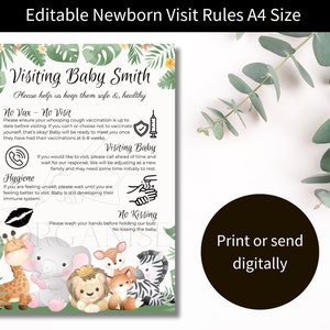 Può includere: Un cartello stampabile a tema giungla per la visita di un neonato. Il cartello ha uno sfondo verde con foglie e un bordo bianco. Dice "Visiting Baby Smith" e include regole per i visitatori, come non baciare e non visitare se non si è vaccinati. Il cartello include anche una simpatica illustrazione di animali della giungla.