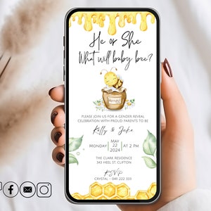EDITABLE Gender Reveal Party Invitation, Digital Invitation Mobile Party Invite, Honey Bee Gender Reveal Invitation, He Or She Baby Reveal