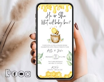 EDITABLE Gender Reveal Party Invitation, Digital Invitation Mobile Party Invite, Honey Bee Gender Reveal Invitation, He Or She Baby Reveal