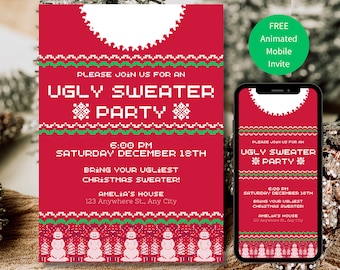 Editable Ugly Christmas Sweater Invite, Ugly Sweater Christmas Party, Instant Download, Printable Invitation,  Ugly Sweater Party Invitation