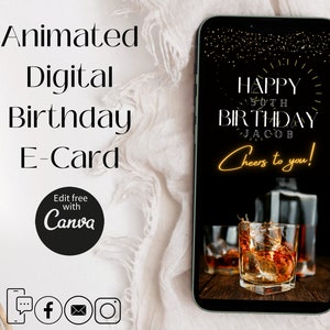 BEWERKBARE Mens verjaardag E-Card, digitale verjaardagskaart, elektronische kaart, vieren, zwart goud Whiskey Lover Ecard Mans verjaardagskaart zijn geschenk