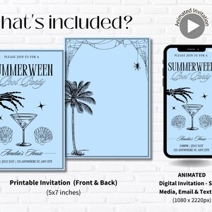 Op de afbeelding: Een lichtblauwe Summerween Pool Party uitnodigingsset. Bevat een printbare uitnodiging (12,7 x 17,8 cm) en een geanimeerde digitale uitnodiging voor sociale media, e-mail en sms. Het ontwerp toont een skelet hand, martini glas en schelpen.