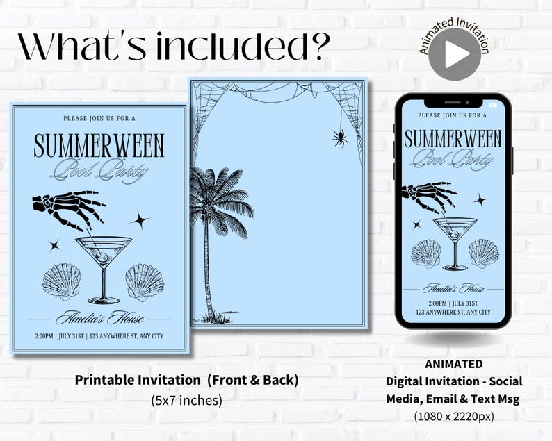 Op de afbeelding: Een lichtblauwe Summerween Pool Party uitnodigingsset. Bevat een printbare uitnodiging (12,7 x 17,8 cm) en een geanimeerde digitale uitnodiging voor sociale media, e-mail en sms. Het ontwerp toont een skelet hand, martini glas en schelpen.