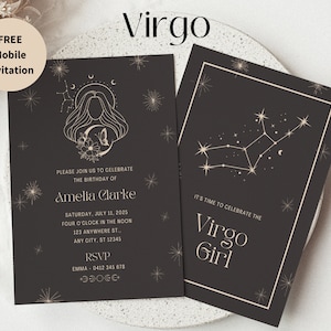 Jungfrau Sternzeichen Geburtstagseinladung 5x7'', Sternzeichen Party zum ausdrucken, Jungfrau Geburtstagseinladung Sternzeichen Einladung Horoskop Zeichen Tarot Kartenthema