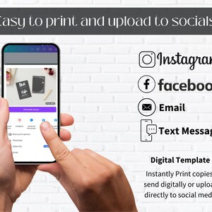 May include: A digital template displayed on a smartphone screen. The template is a printable design with the text "Brush" and a floral illustration. The screen shows options to print, share, and download the template. The image also shows icons for social media platforms like Instagram, Facebook, Email, and Text Message. The text "Digital Template" is displayed below the icons, along with instructions to print, send digitally, or upload to social media.