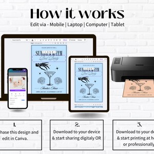 Op de afbeelding: Een afbeelding die laat zien hoe je een ontwerp kunt bewerken en afdrukken. Het bevat een laptop, tablet, telefoon en printer. Het ontwerp toont een cocktailglas, schelpen en de tekst "SUMMERWEEN Cool Party."
