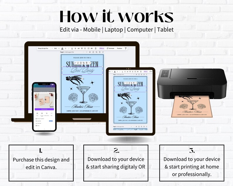 Op de afbeelding: Een afbeelding die laat zien hoe je een ontwerp kunt bewerken en afdrukken. Het bevat een laptop, tablet, telefoon en printer. Het ontwerp toont een cocktailglas, schelpen en de tekst "SUMMERWEEN Cool Party."