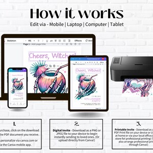 May include: A digital illustration of a skeleton hand holding a coconut with a straw and a palm tree on top. The text "Cheers, Witches!" is above the coconut. The image is a digital invitation for a Halloween party. The image shows how to edit and print the invitation using Canva on a mobile phone, laptop, tablet, or computer.