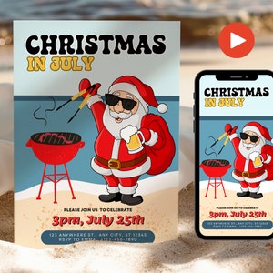 Editable Christmas In July Invitation, Santa Beach BBQ Party Invite, July Christmas Invitation Template,  Beers & BBQ Christmas Invite