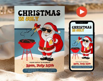 Editable Christmas In July Invitation, Santa Beach BBQ Party Invite, July Christmas Invitation Template,  Beers & BBQ Christmas Invite