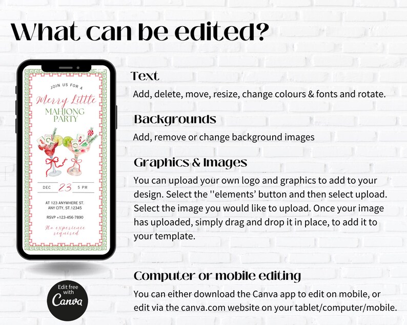 Pode incluir: Um smartphone exibe um convite para uma festa de Natal com ilustra&ccedil;&otilde;es de coquet&eacute;is. O texto diz "Merry Little Mahjong Party" com detalhes do evento. A imagem tamb&eacute;m inclui instru&ccedil;&otilde;es sobre como editar o modelo usando o Canva.