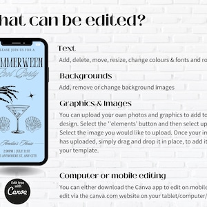 Op de afbeelding: Een smartphone toont een lichtblauwe uitnodiging voor een "Summerween Cool Party" met skelet hand-, cocktail- en schelpgraphics. De afbeelding bevat tekst over bewerkingsopties en Canva.