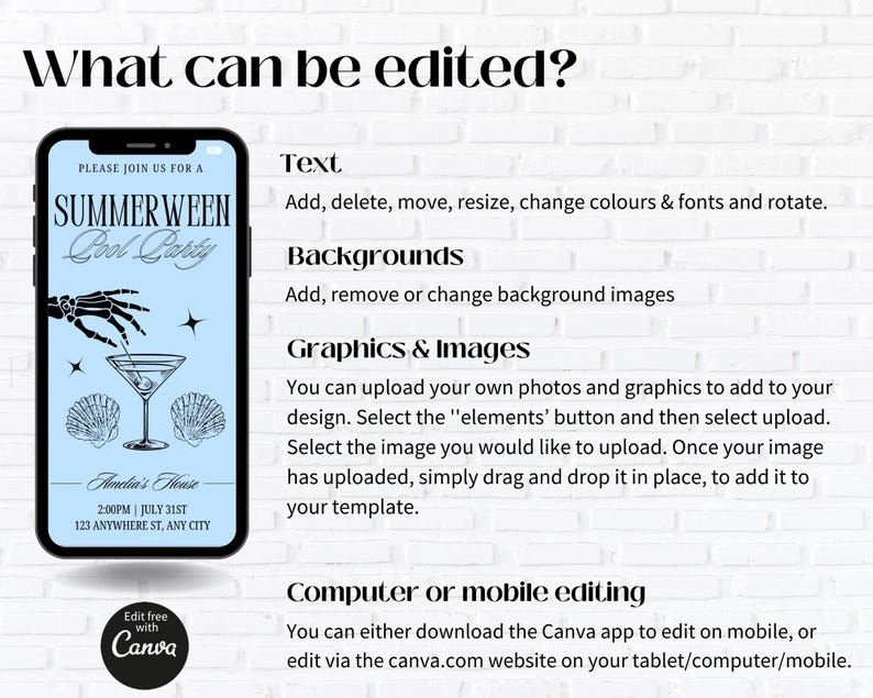 Op de afbeelding: Een smartphone toont een lichtblauwe uitnodiging voor een "Summerween Cool Party" met skelet hand-, cocktail- en schelpgraphics. De afbeelding bevat tekst over bewerkingsopties en Canva.