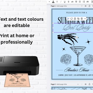 Op de afbeelding: Een zwarte printer die een uitnodiging afdrukt met een cocktailglas, schelpen en een skelet hand. De uitnodiging luidt "SUMMERWEEN Pool Party" en "Amelia's House". Tekst luidt "All Text and text colours are editable" en "Print at home or professionally".