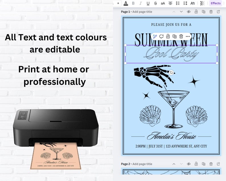 Op de afbeelding: Een zwarte printer die een uitnodiging afdrukt met een cocktailglas, schelpen en een skelet hand. De uitnodiging luidt "SUMMERWEEN Pool Party" en "Amelia's House". Tekst luidt "All Text and text colours are editable" en "Print at home or professionally".