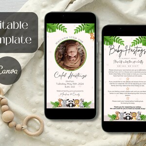 Modèle MODIFIABLE de faire-part de naissance numérique, faire-part de naissance pour nouveau-né, règles de visite pour nouveau-né, faire-part de naissance électronique Safari set13