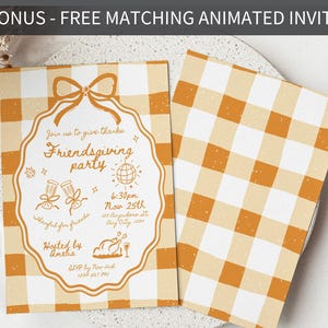 May include: Two Friendsgiving party invitations with a gingham pattern in orange and white. One invitation features an oval frame with text and illustrations, including the words "Friendsgiving party" and event details. The second invitation shows the gingham pattern.