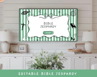 Peut inclure: Un écran numérique affichant un jeu Bible Jeopardy. Le tableau de jeu a un cadre blanc avec un fond à rayures vertes. Le texte "Bible Jeopardy" est affiché, ainsi qu'un bouton "Start". Des icônes religieuses décorent le jeu.