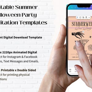 Op de afbeelding: Een smartphone toont een digitale uitnodigingssjabloon voor een Summerween-feest. Het ontwerp bevat een skelet hand, cocktail en schelpen. De tekst op het scherm luidt "SUMMERWEEN Good Party". De uitnodiging is beschikbaar als digitale download en printbare sjabloon.