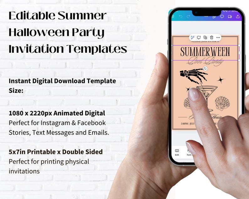 Op de afbeelding: Een smartphone toont een digitale uitnodigingssjabloon voor een Summerween-feest. Het ontwerp bevat een skelet hand, cocktail en schelpen. De tekst op het scherm luidt "SUMMERWEEN Good Party". De uitnodiging is beschikbaar als digitale download en printbare sjabloon.