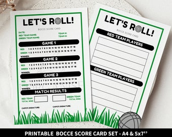 May include: Printable scorecard set for bocce ball games. The cards are green and white with black text and a black and white illustration of a bocce ball. The cards include spaces to record the date, team names, players, scores, and winners. The cards also include spaces for the capo's signature.