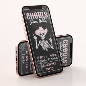 May include: Two black iPhone mockups with a pink and black Halloween party invitation on the screen. The invitation features a skeleton wearing a pink cowboy hat and the text "Ghouls Gone Wild" and "Halloween Party".