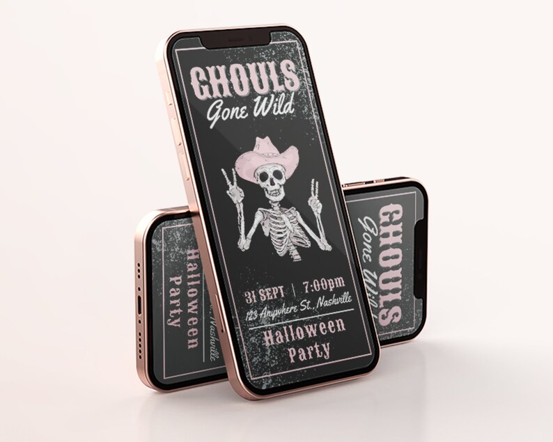 May include: Two black iPhone mockups with a pink and black Halloween party invitation on the screen. The invitation features a skeleton wearing a pink cowboy hat and the text "Ghouls Gone Wild" and "Halloween Party".