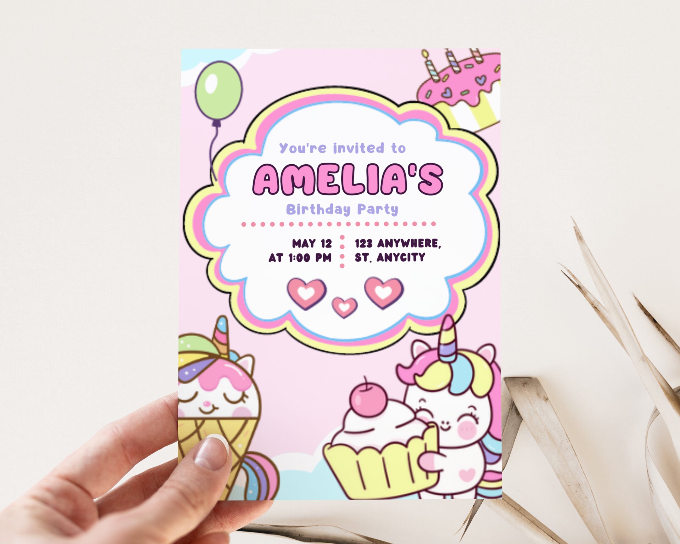 Editable Girls Birthday Invitation, Kids Party Invite, Girl Party Invite Pastel Unicorn Invitation, Unicorn Theme Invite, Cupcake Invitation