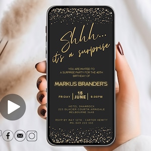 Faire-part de fête surprise MODIFIABLE, faire-part d'anniversaire, faire-part numérique, invitation de fête surprise, occasion d'invitation électronique, paillettes d'or noir