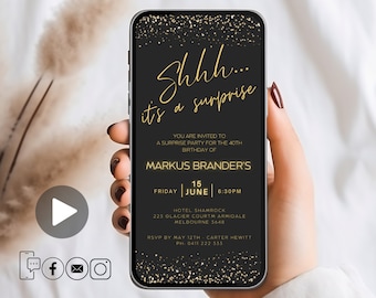 EDITABLE Surprise Party Invitation, Birthday Invitation, Digital Invitation Surprise Party Invite E-invite Occasion Black Gold Glitter