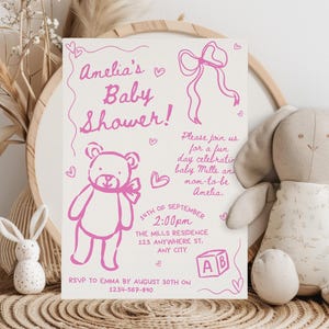 Handgetekende babyshoweruitnodiging, unieke babyshoweruitnodigingen, meisje babyshower uitnodigen, krabbel uitnodiging handgetekende babyshower uitnodiging