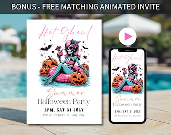 Hot Ghoul Summer Halloween Invitation, Summerween Party Invite, Beach Halloween Invite Editable Template Pink Halloween In Summer Pool Party