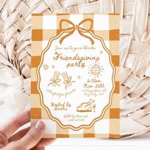May include: A Friendsgiving party invitation with a tan and white checkered background. The invitation features a decorative border with a bow at the top and illustrations of drinks, a disco ball, and a turkey. The text reads "Join us to give thanks Friendsgiving party".