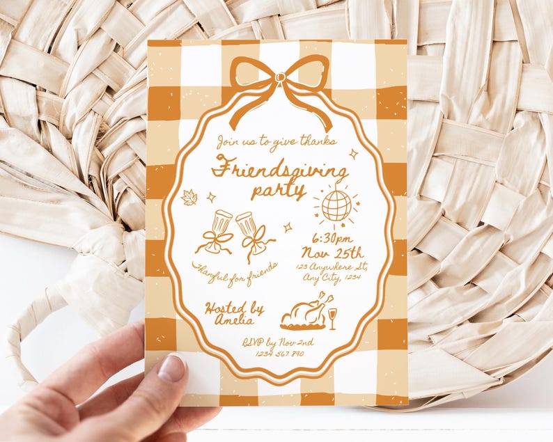 May include: A Friendsgiving party invitation with a tan and white checkered background. The invitation features a decorative border with a bow at the top and illustrations of drinks, a disco ball, and a turkey. The text reads "Join us to give thanks Friendsgiving party".
