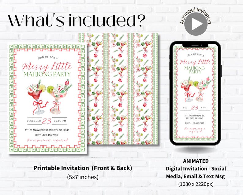 Pode incluir: Um conjunto de convites festivos com um convite imprim&iacute;vel e um convite digital animado. O design inclui ilustra&ccedil;&otilde;es de cocktails e o texto "Merry Little Mahjong Party". O convite imprim&iacute;vel tem 12,7 x 17,8 cm.