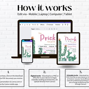 May include: A digital illustration showing how to edit a printable invitation on a computer, tablet, or mobile phone. The invitation features a cactus with the text "The Prick has gone!" and "Dwink Dessert Party".