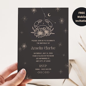 Krebs-Geburtstagseinladung 5x7'' & digital, Sternzeichen-Party-Einladung zum Ausdrucken, Krebs-Sternzeichen-Einladung, Tarot-Geburtstags-Krebs-Horoskop-Einladung