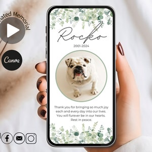 Pode incluir: Um cartão de memória digital com uma foto de um bulldog branco. O cartão tem um fundo floral verde e o texto "Rocko 2001-2024" e "Obrigado por trazer tanta alegria para nossas vidas todos os dias. Você estará para sempre em nossos corações. Descanse em paz."