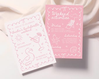 May include: Two pink and white bachelorette party invitations. One invitation reads "Join us to celebrate Amelia's bachelorette weekend" with a cocktail, sun, and flamingo illustration. The other reads "Weekend activities" with a beach chair, bikini, and seashell illustration.
