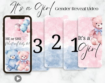 It's a Girl Teddy Bear Gender Reveal Video For Social Media, Digital Gender Reveal Ideas, Gender Reveal Balloon, Newborn Announcement Cards