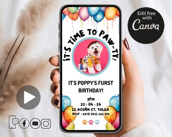 Pet Party Invitation For Phone, Dog Birthday Digital Invitation, Its Time To Pawty Electronic Invite, Dog Lover Pup Birthday Rainbow Theme