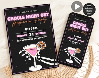 Ghouls Night Out Halloween Invitation, Printable Invite Halloween Party, Girls Night Halloween Invite, Pink Halloween Orange Skeleton Invite