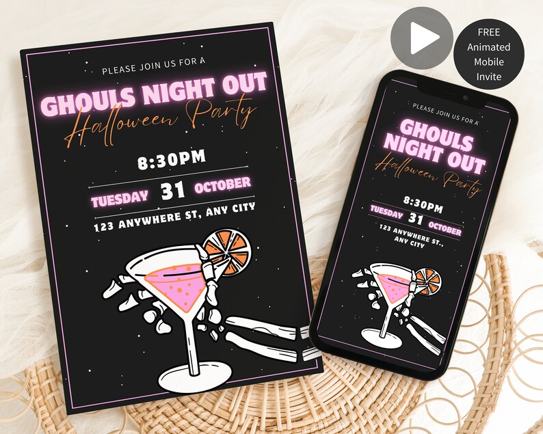 May include: A black and pink Halloween party invitation with a skeleton hand holding a pink cocktail. The invitation reads "Ghouls Night Out Halloween Party" with the date and time of the party.