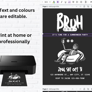 May include: A black and white printable invitation for a Summerween party. The invitation features a skeleton in a pool float with a drink, and the text "BRUH IT'S TIME FOR A SUMMERWEEN PARTY 2PM, SAT OCT 31 123 ANYWHERE ST., ANY CITY, ST 12345 RSVP TO JACOB 123-456-7890".