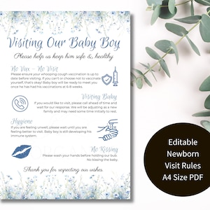 Pode incluir: Um documento PDF imprimível com desenhos florais azuis e texto que diz "Visiting Our Baby Boy" e "Please help us keep him safe & healthy". O documento inclui uma lista de regras para visitar um recém-nascido, incluindo os requisitos de vacinação, as diretrizes de higiene e uma política de não beijar. O documento também inclui o texto "Editable Newborn Visit Rules A4 Size PDF".