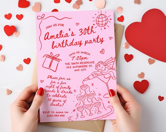 手描きの誕生日招待状テンプレート、落書きの誕生日パーティー招待状、ピンクの手描きの誕生日招待状、ユニークな誕生日招待状のアイデア - Etsy 日本 ネオングロー 誕生日パーティーの招待状、男の子、女の子、ティーン向けのグローパーティー誕生日の招待状、封筒付き両面招待カード20枚、