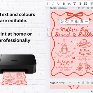 May include: Printable Mother's Day brunch invitation with a pink background and red text. The invitation features a champagne bottle, a plate of pancakes, and a pair of champagne flutes. The text reads "Mother's Day Brunch & Bubbles" and includes the date, time, and location of the event.
