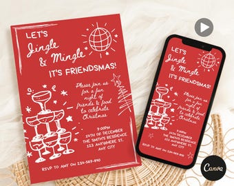 May include: A red invitation card with white text that reads "Let's Jingle & Mingle It's Friendsmas!" featuring a white illustration of a disco ball and champagne glasses. The text also includes the date, time, and location of the event, as well as an RSVP number.