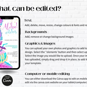 May include: A digital invitation for a Summerween party with a pink and blue tropical leaf background. The text on the invitation says "Aloha! Witches" and includes details about the party, including the date, time, and location. The invitation is designed to be edited using Canva.