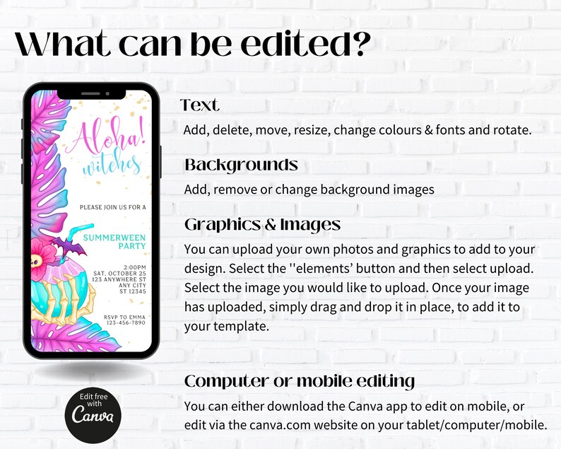 May include: A digital invitation for a Summerween party with a pink and blue tropical leaf background. The text on the invitation says "Aloha! Witches" and includes details about the party, including the date, time, and location. The invitation is designed to be edited using Canva.